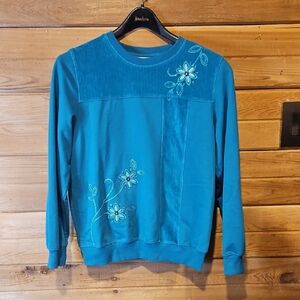 Alfred Dunner Aqua Floral Embroidered Sweater Top Small